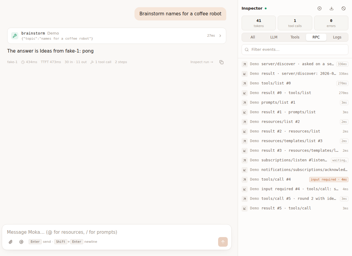 The inspector's RPC tab: server/discover, a subscriptions/listen stream, and a tools/call answered with input required, then retried as round 2 with the sampling result