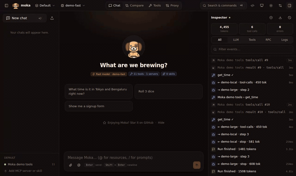 The Tools view: a generated form, then a long-running tool with live progress